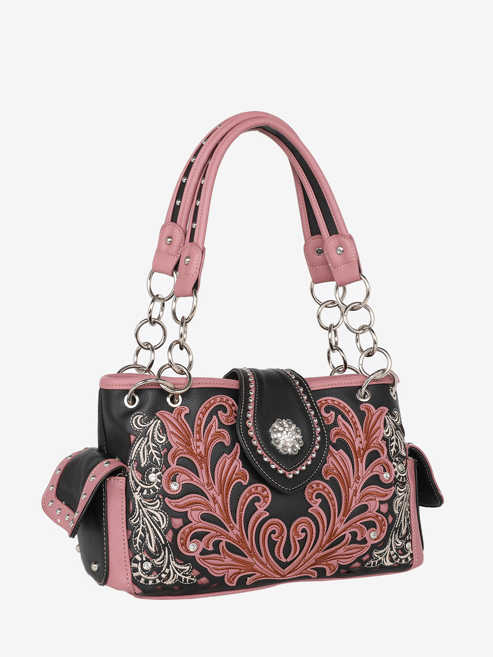American Bling Black Embroidered Floral Satchel and Wallet Set - Montana West World