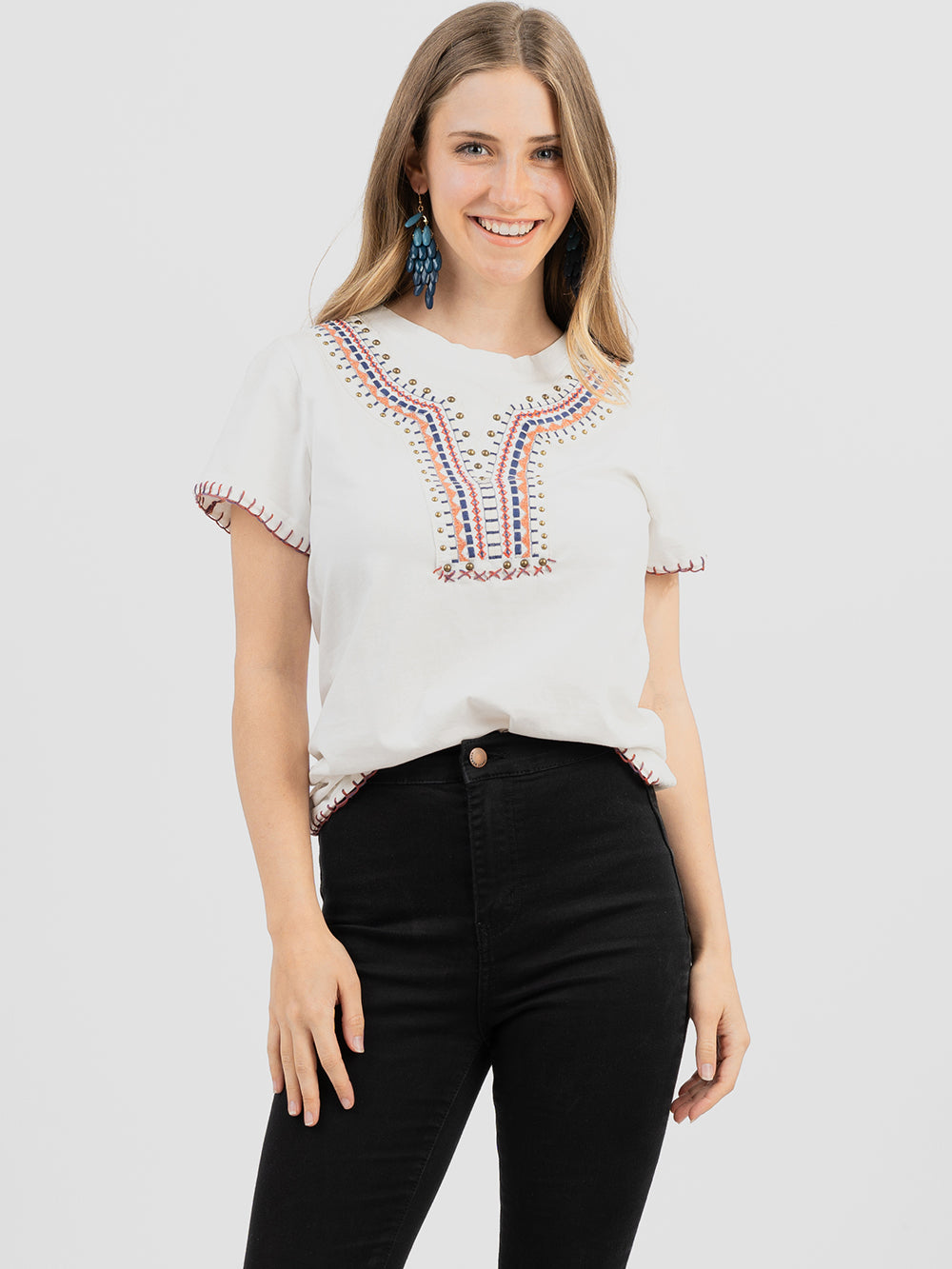 Delila Women's Embroidery Contrast Stitched Studded Tee - Montana West World