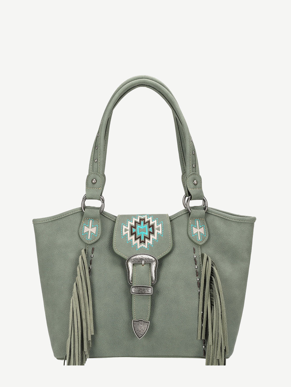 Montana West Embroidered Aztec Leather Fringe Buckle Tote - Montana West World