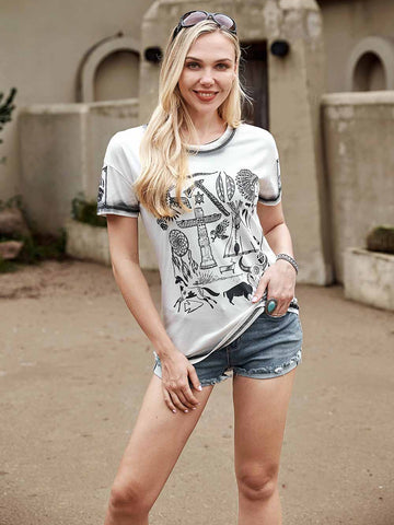 Women Mineral Washed Tribal Element Print Tee - Montana West World