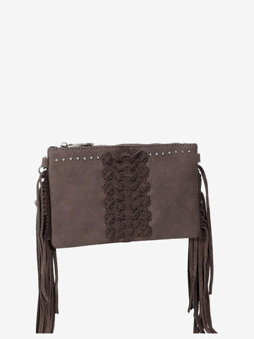 Trinity Ranch Leather Fringe Basketweave Crossbody Clutch - Montana West World