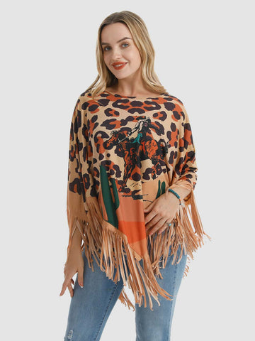 Montana West Leopard Rodeo Graphic Fringe Poncho - Montana West World