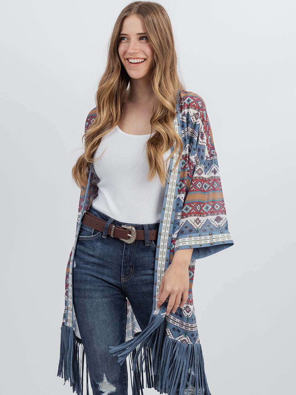Delila Aztec Graphic Studded Half Sleeve Fringe Kimono - Montana West World