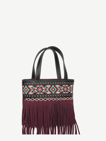 Montana West Embroidered Aztec Fringe Crossbody Mini Tote - Montana West World