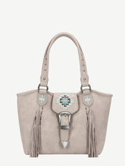 Montana West Embroidered Aztec Leather Fringe Buckle Tote - Montana West World