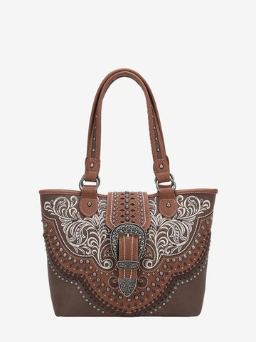 Montana West Vintage Floral Embroidered Buckle Studs Tote - Montana West World