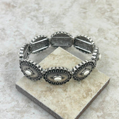 Silver Natural Stone Concho Stretch Oval Bracelet - Montana West World
