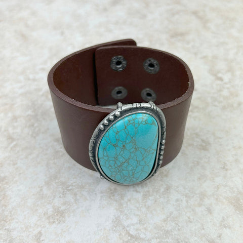 Natural Stone Leather Cuff Bracelet - Montana West World