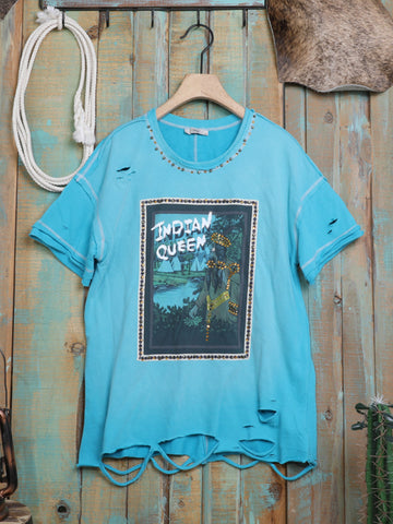 Women Mineral Wash Abrasion "INDIAN QUEEN" Graphic Short Sleeve Shirt - Montana West World