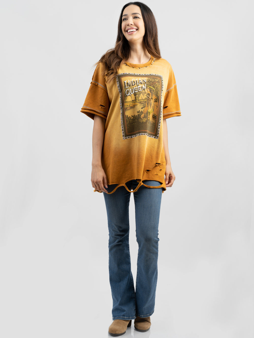 Women Mineral Wash Abrasion "INDIAN QUEEN" Graphic Short Sleeve Shirt - Montana West World