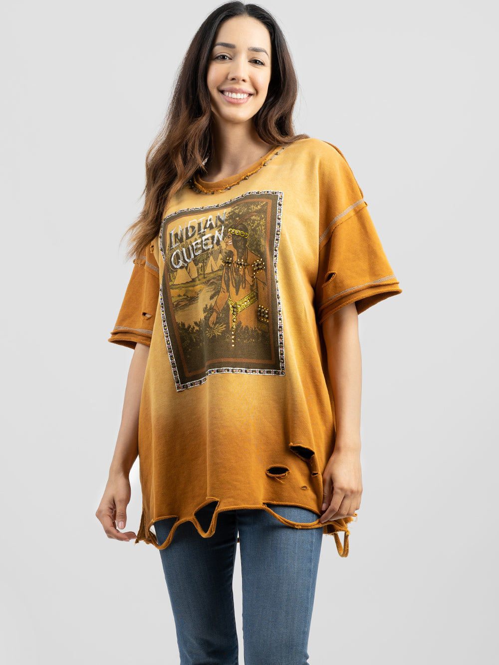 Women Mineral Wash Abrasion "INDIAN QUEEN" Graphic Short Sleeve Shirt - Montana West World