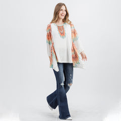 Women's Hand Stitched Studded Drop-shoulder Relaxed ¾ Sleeves Tee - Montana West World