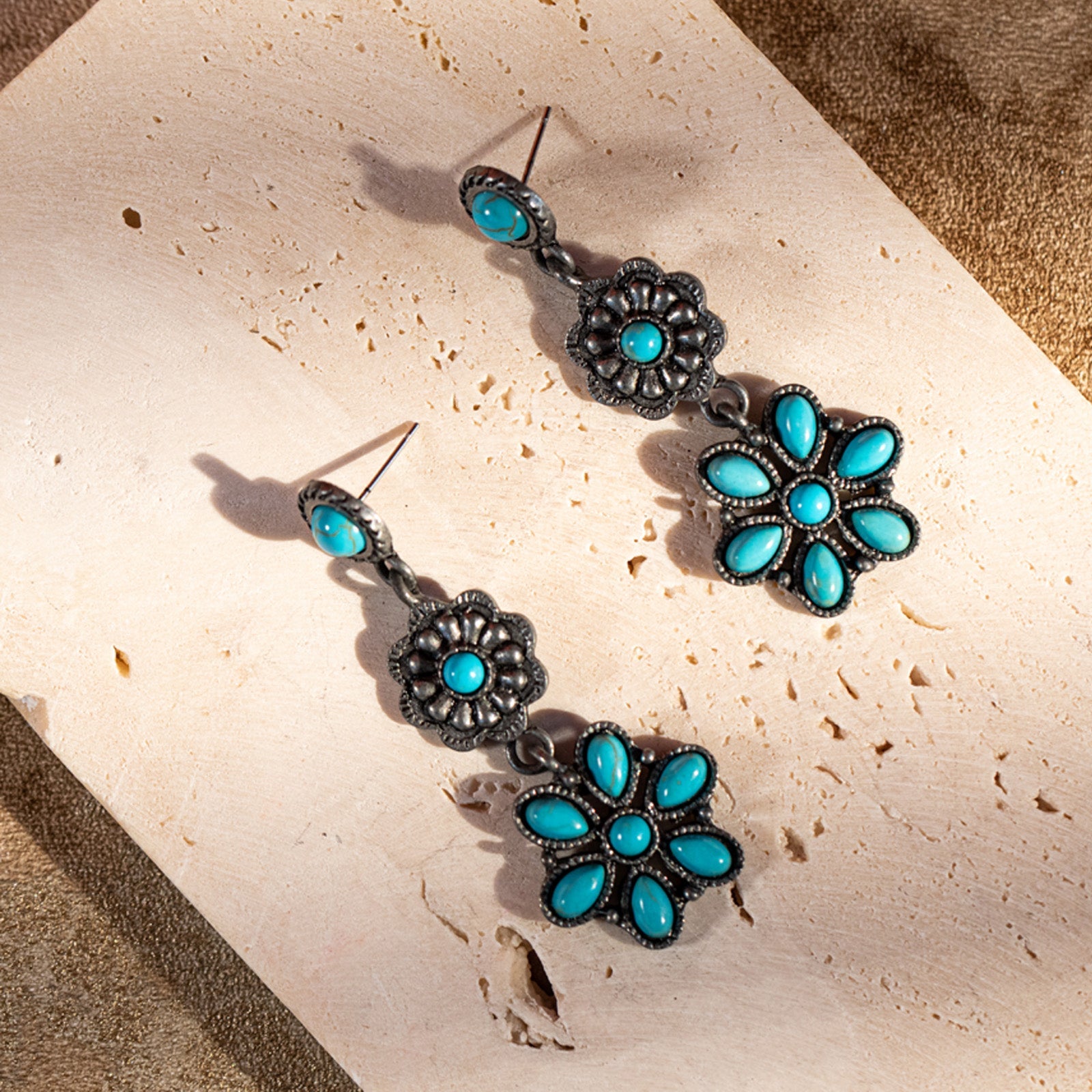 Rustic Couture Turquoise Squash Blossom Drop Earrings - Montana West World