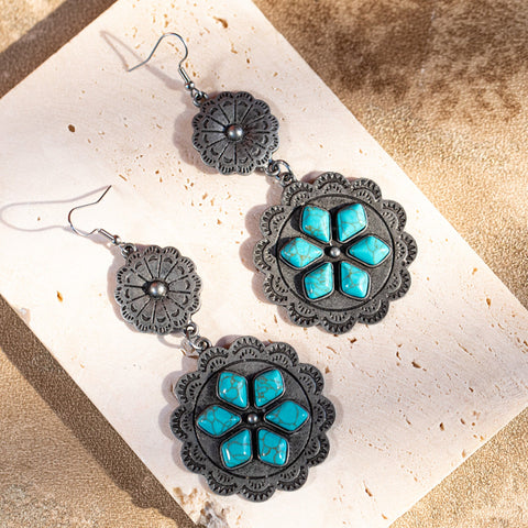 Rustic Couture Navajo Silver/Bronze Concho Stone Dangle Earrings - Montana West World