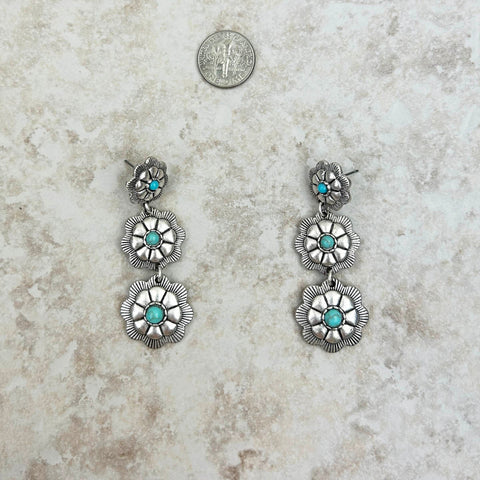 Silver Natural Stone Center Flower Concho Dangle Earrings - Montana West World