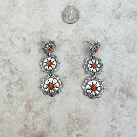 Silver Natural Stone Center Flower Concho Dangle Earrings - Montana West World