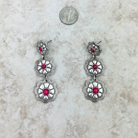 Silver Natural Stone Center Flower Concho Dangle Earrings - Montana West World