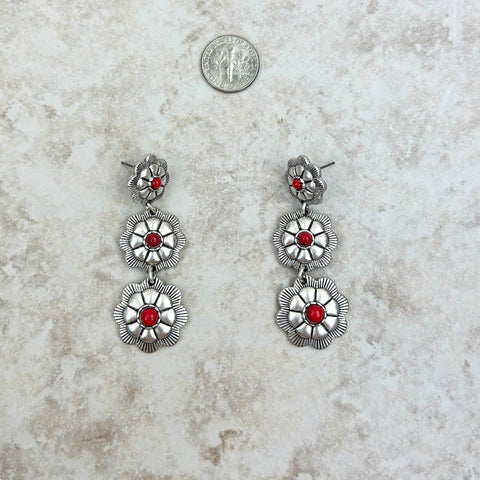 Silver Natural Stone Center Flower Concho Dangle Earrings - Montana West World