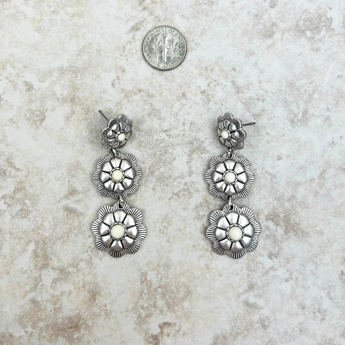 Silver Natural Stone Center Flower Concho Dangle Earrings - Montana West World