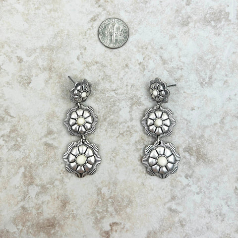 Silver Natural Stone Center Flower Concho Dangle Earrings - Montana West World