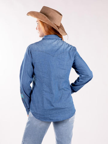 Montana West Embroidered Aztec Pocket Long Sleeve Chambray Shirt - Montana West World