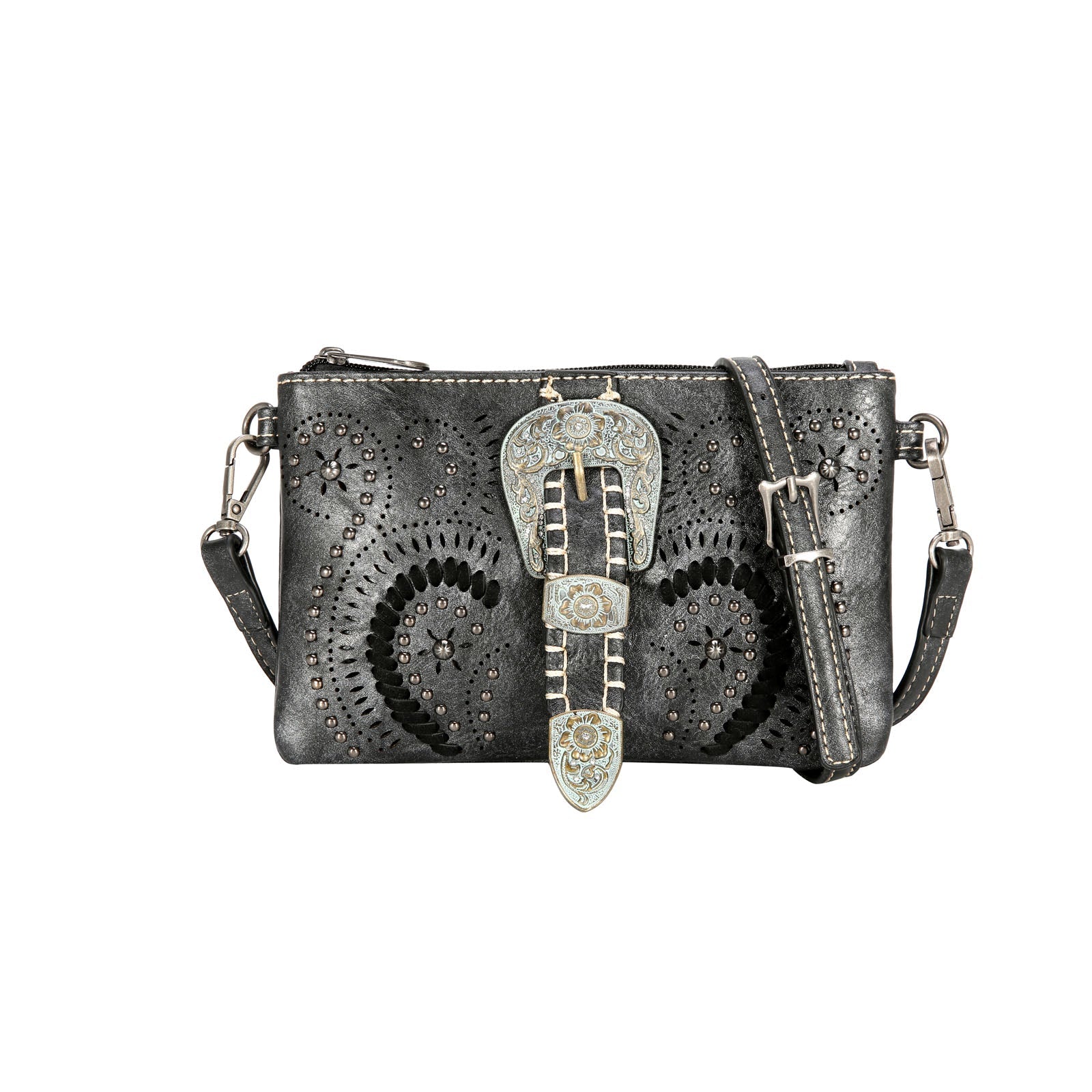 Montana West Antique Silver Floral Buckle Whipstitch Crossbody Clutch - Montana West World