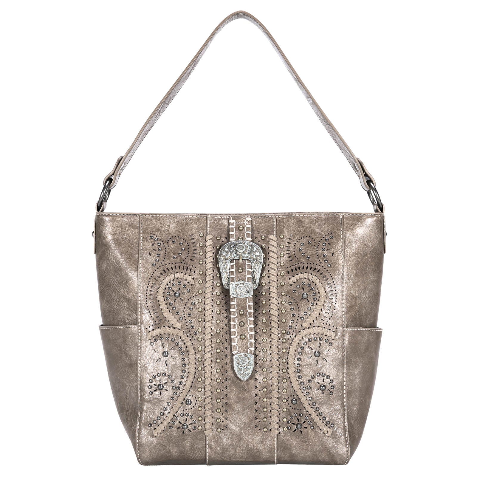 Montana West Antique Silver Floral Buckle Whipstitch Hobo - Montana West World