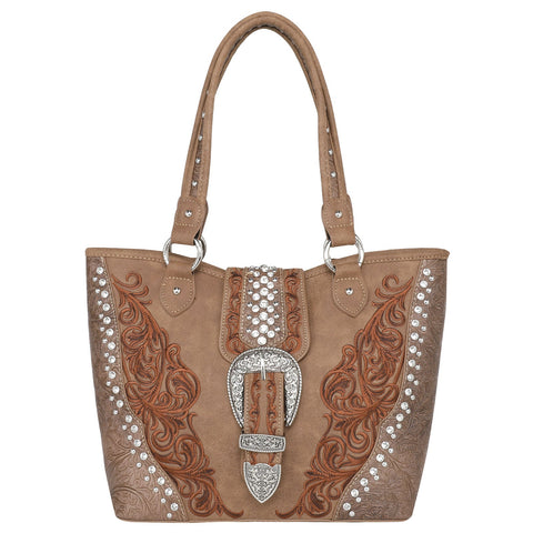 Montana West Embossed Crystal Buckle Concealed Tote - Montana West World