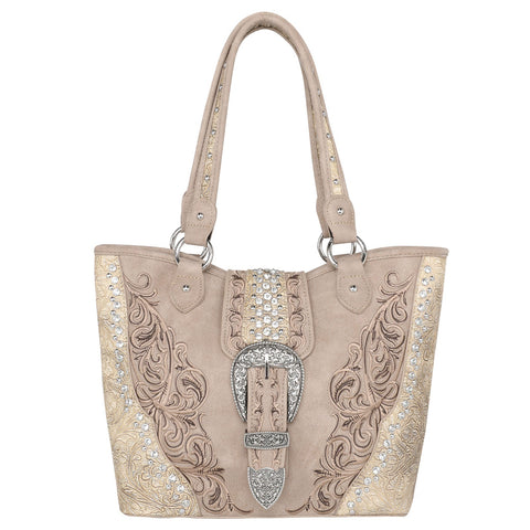 Montana West Embossed Crystal Buckle Concealed Tote - Montana West World