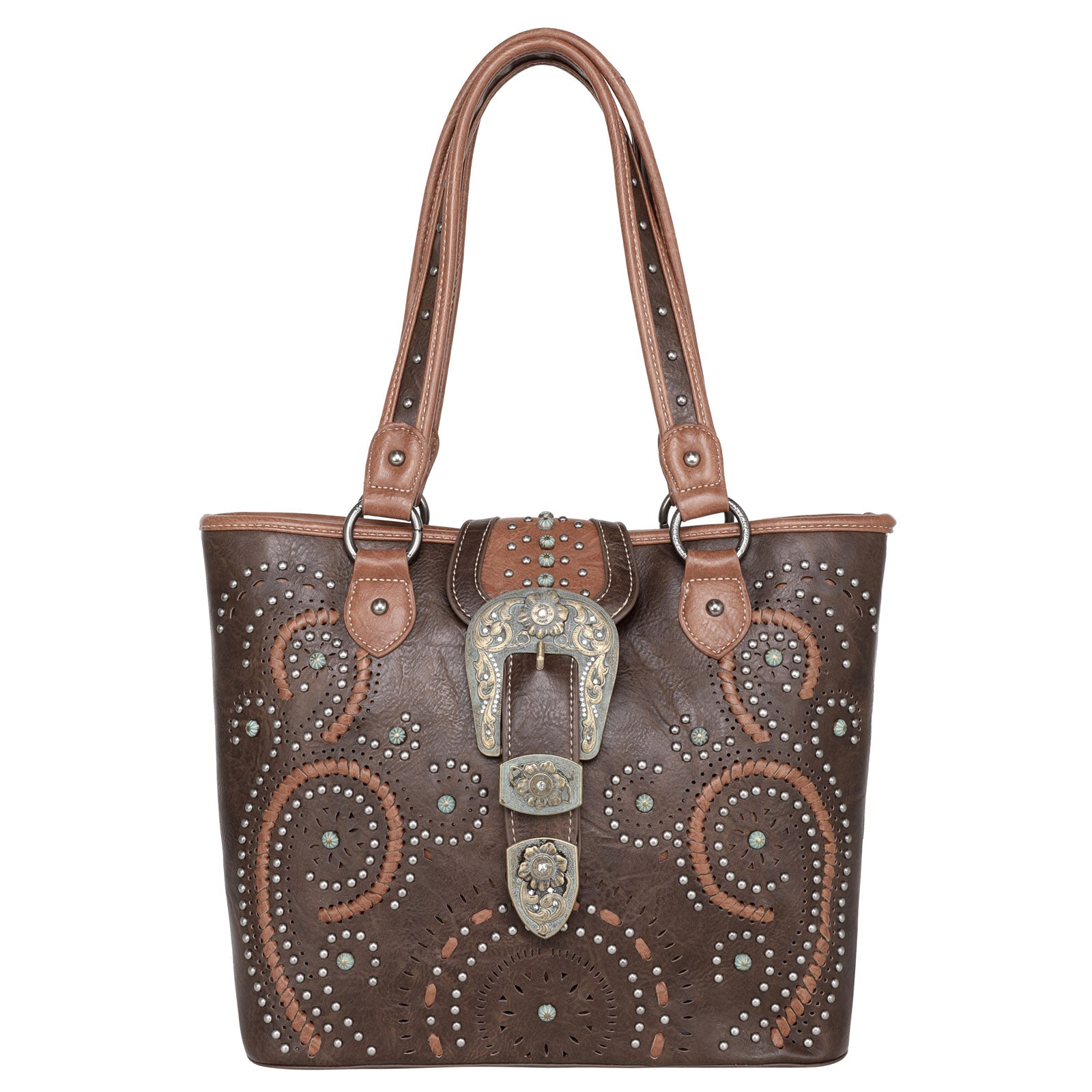 Montana West Buckle Whipstitch Studded Concealed Carry Tote - Montana West World