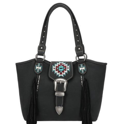 Montana West Embroidered Aztec Leather Fringe Buckle Tote - Montana West World