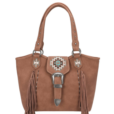 Montana West Embroidered Aztec Leather Fringe Buckle Tote - Montana West World