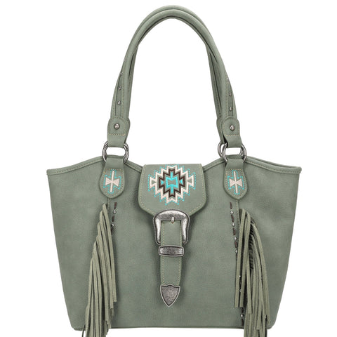 Montana West Embroidered Aztec Leather Fringe Buckle Tote - Montana West World