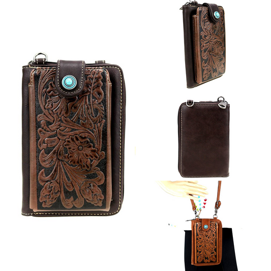 Azteca Leather Cell Phone Bag - Size Medium- Light Tan & Orange Flames  Cowhide Leather CB36 - Western Canteens