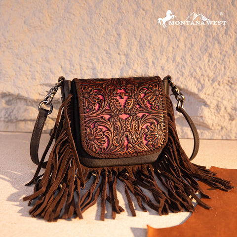 Montana West Genuine Leather Tooled Fringe Crossbody - Montana West World