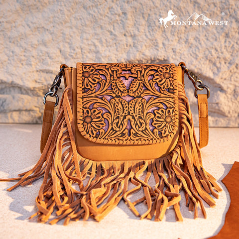 Montana West Genuine Leather Tooled Fringe Crossbody - Montana West World