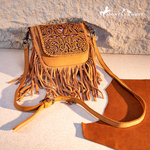 Montana West Genuine Leather Tooled Fringe Crossbody - Montana West World