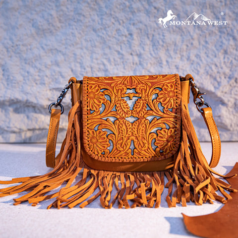 Montana West Genuine Leather Tooled Fringe Crossbody - Montana West World