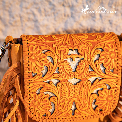 Montana West Genuine Leather Tooled Fringe Crossbody - Montana West World