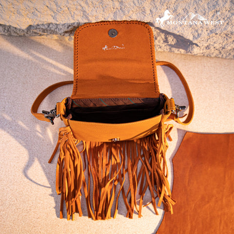 Montana West Genuine Leather Tooled Fringe Crossbody - Montana West World