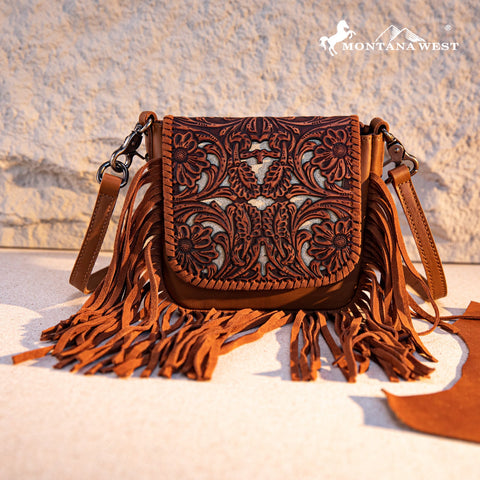 Montana West Genuine Leather Tooled Fringe Crossbody - Montana West World