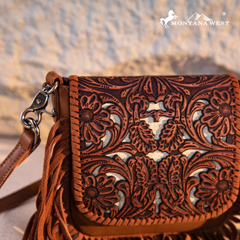 Montana West Genuine Leather Tooled Fringe Crossbody - Montana West World