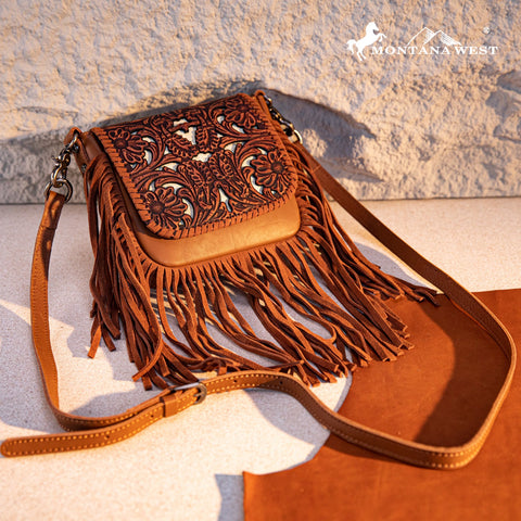 Montana West Genuine Leather Tooled Fringe Crossbody - Montana West World