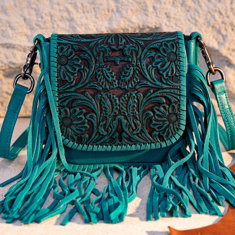 Montana West Genuine Leather Tooled Fringe Crossbody - Montana West World