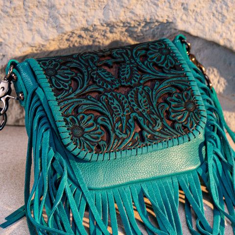 Montana West Genuine Leather Tooled Fringe Crossbody - Montana West World