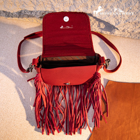 Montana West Genuine Leather Tooled Fringe Crossbody - Montana West World