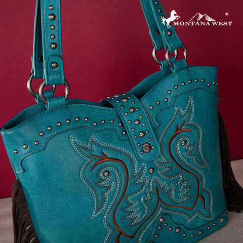 Montana West Embroidered Fringe Collection Concealed Carry Boot Purse Tote - Montana West World