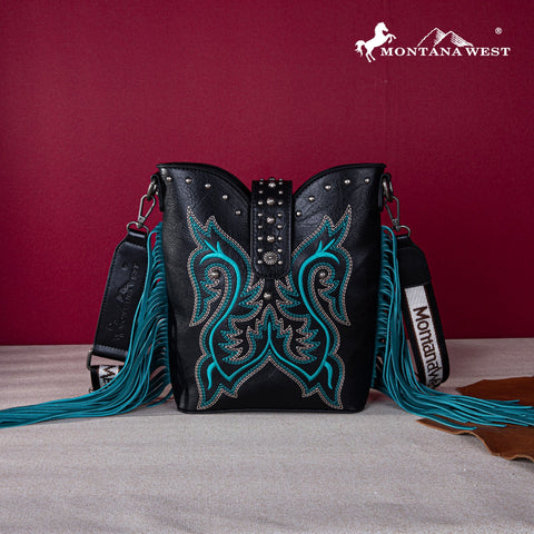 Montana West Embroidered Fringe Collection Boot Purse Crossbody - Montana West World