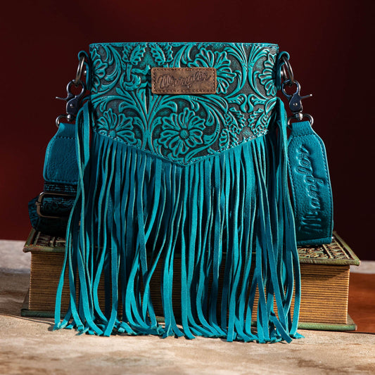 Wrangler Leather Fringe Hobo Bag with Turquoise Concho - Beige