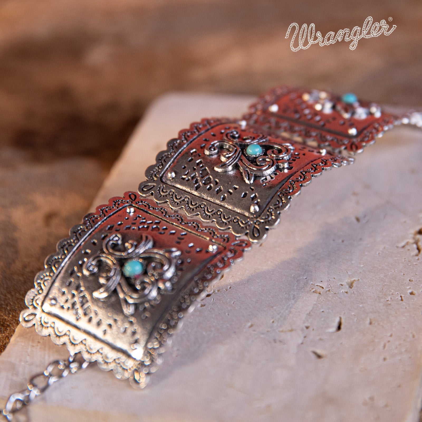 Wrangler  Silver Chain Concho Cuff Bracelet Turquoise Stone - Montana West World